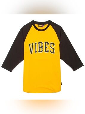 NWT- Vibes Fine Rolling Papers Raglan Tee in Yellow and Black with VIBES Graphic